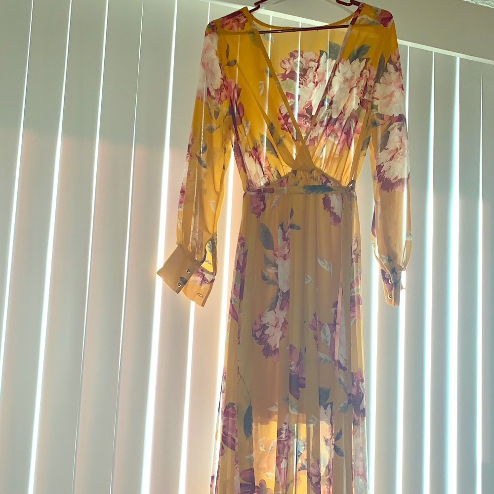 Floral yellow long sleeve wrap maxi dress!
